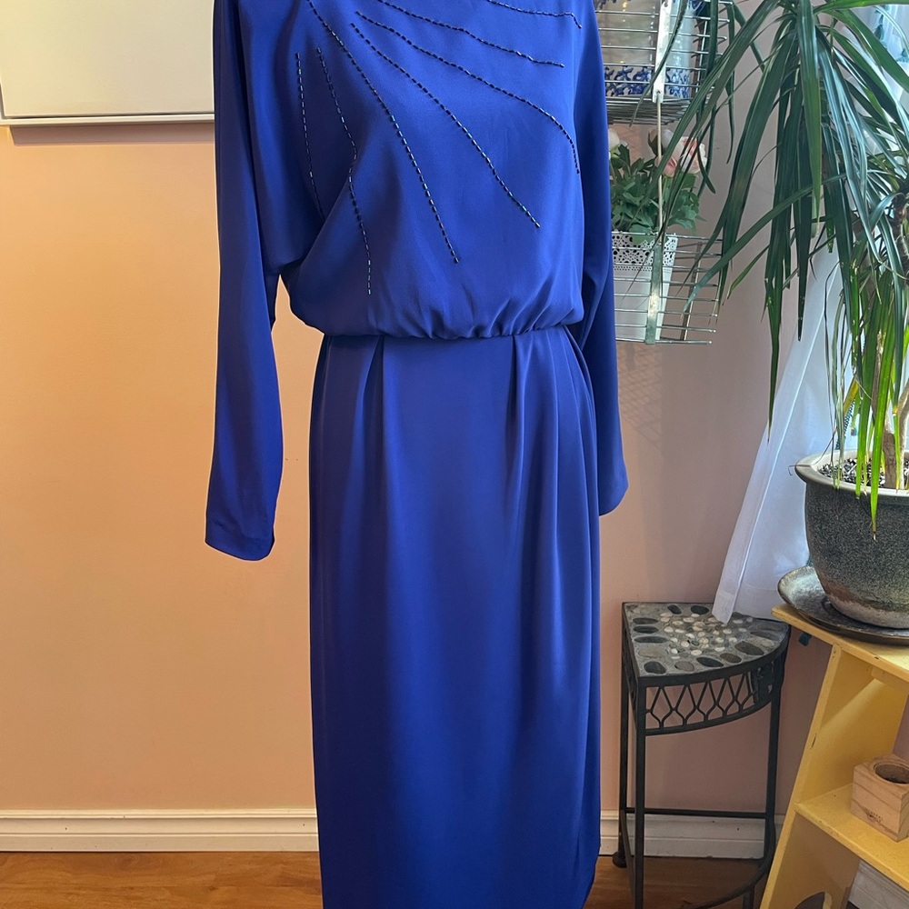 Vintage Blue Dress with Beading & Dolman Sleeves
